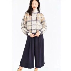 J.O.A. Natural Cozy Plaid Pullover Sweater Fuzzy Mohair Wool Checked Boxy Medium